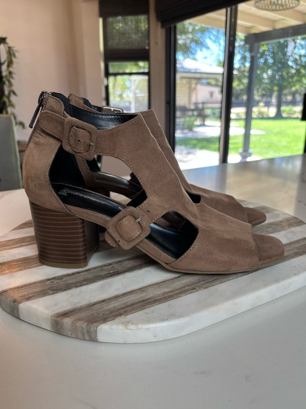 Women's Taupe Suede Look Block Heel Sandals